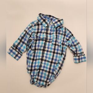 Oshkosh Baby Boy Blue Buffalo Plaid Onesie Buttondown Shirt size 9 months